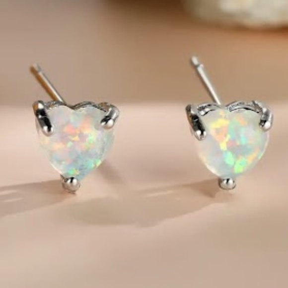 Dazzling White Opal Stone Silver Color Heart Stud Earrings - Picture 1 of 2